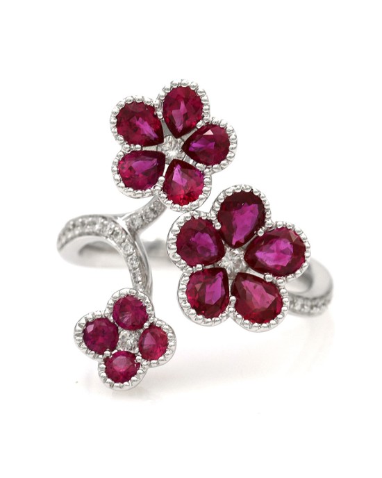 Ruby and Diamond Triple Flower Ring in White Gold